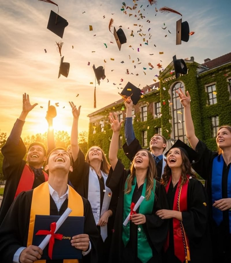 A joyful group of graduates is captured in a moment of triumph and celebration, tossing their caps into the air as they stand together on a city street. The scene is bathed in warm sunlight, highlighting their smiles and the festive atmosphere. Confetti and caps fill the air, emphasizing the jubilant occasion. The background shows a mix of urban buildings and greenery, adding to the lively and dynamic setting of their graduation day.